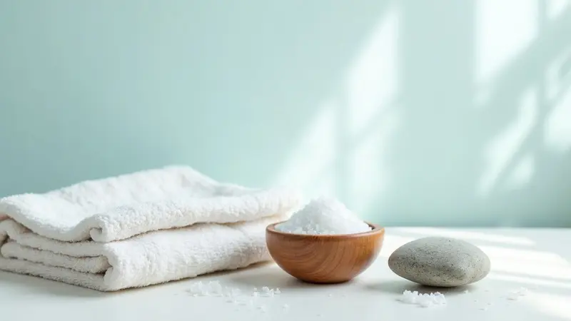 Soft light across the salt room wall beside a wooden bench