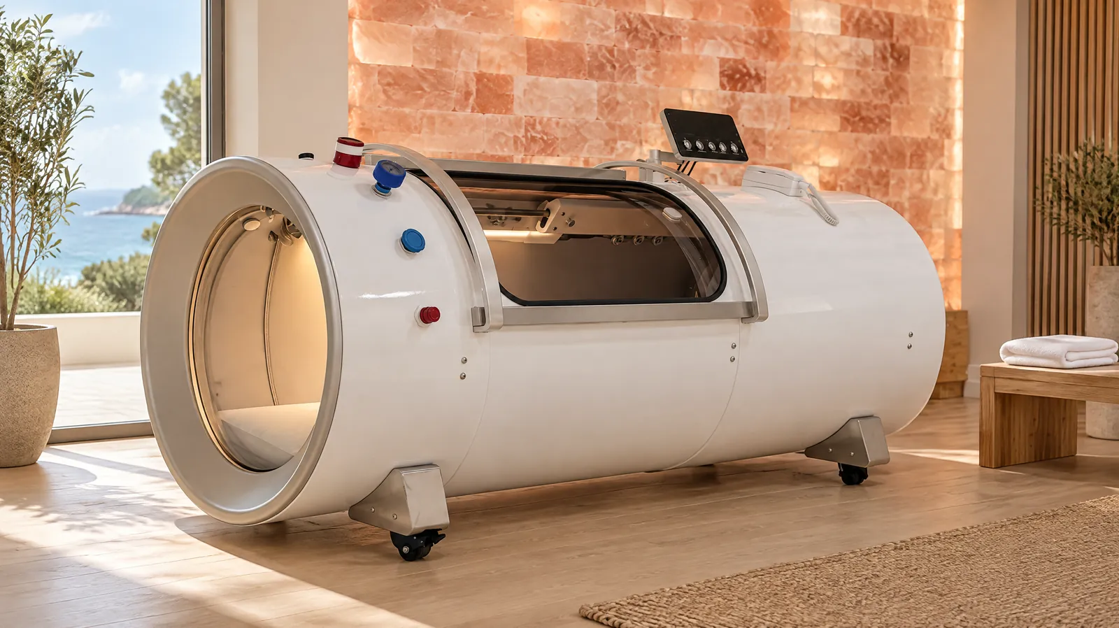 A white lying hard-shell hyperbaric chamber with a long viewing window and an open round door in a bright coastal wellness studio, in front of a backlit salt brick wall